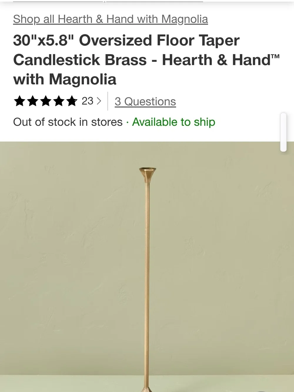Hearth & Hand Magnolia Brass Finish Floor Candle Holder